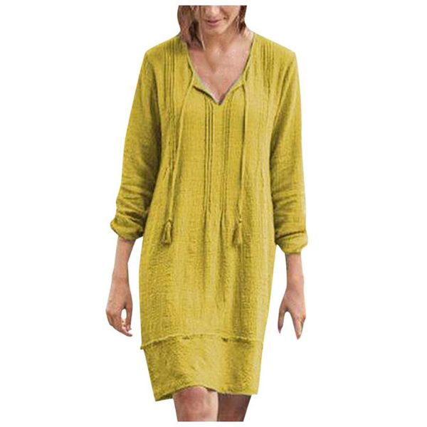 

women's plus size medium length solid-color long-sleeved v-neck lace-up dress, Black;gray