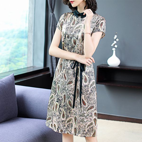 

national ethnic women print satin silk dress short sleeve summer style fashion casual elegant dresses with sashes bow plus size, Black;gray