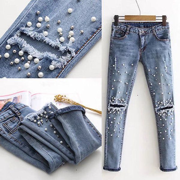 

jeans femme women designer pants fashion women destroyed ripped pearled slim denim embroidered flares jeans regular trousers denim long, Blue