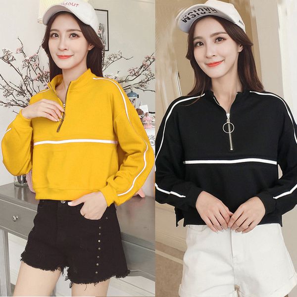 

autumn casual style spell color ring zipper hoodies female long sleeve stitching student sweatshirts cotton pullover hoodies, Black