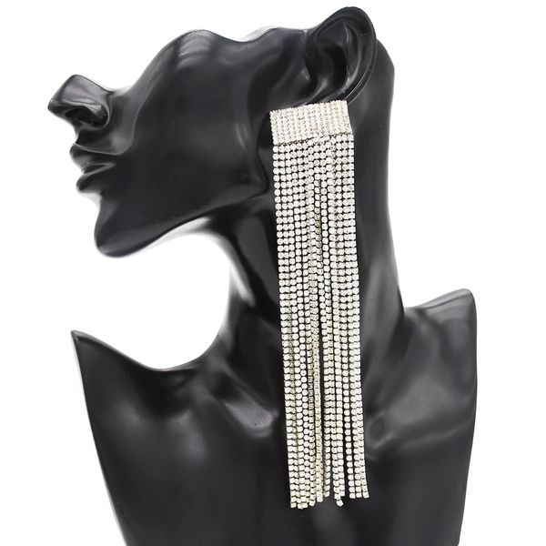 

new shiny silver gold metal rhinestone long tassel drop earrings for women bridal wedding party jewelry gift