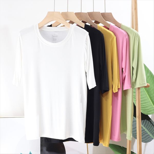 

loose round collar base women's t- shirt quarter sleeve all-match large size t-shirt top, White