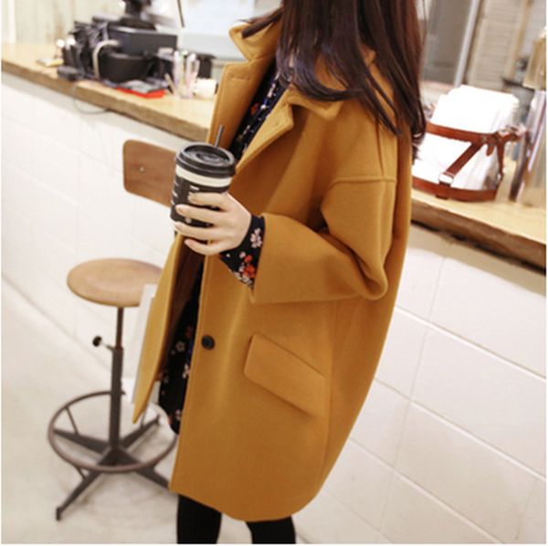

casual loose women long winter wool blend coat single breasted wool coat and jacket turn-down collar outerwear, Black