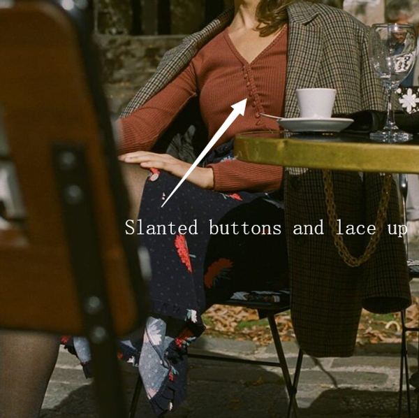 

women slanted buttons knitwear french style lace up slim v neck long sleeve knitted, White;black
