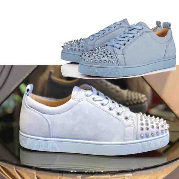 

super quality gift mens sneakers red bottom spikes junior flat low cut sky-blue suede studded plain sneakers couple size factory sale, Black