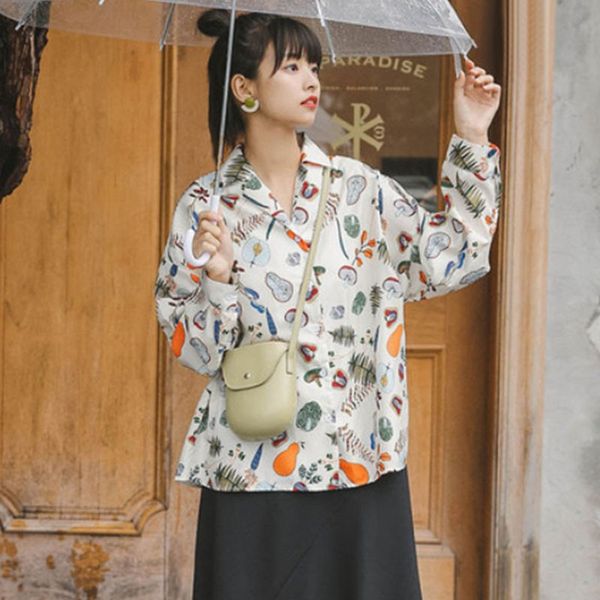 

длинные рукава женщины рубашки ретро белый блуза печати мода урожай harajuku в японском стиле сладкий kawaii tops офис блуза, White