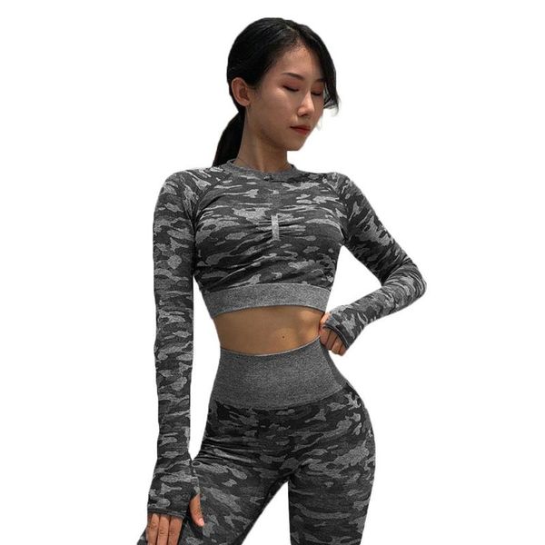 

women gym clothing set tight yoga quick-drying back hollow sports camouflage running fitness clothes long sleeve workout