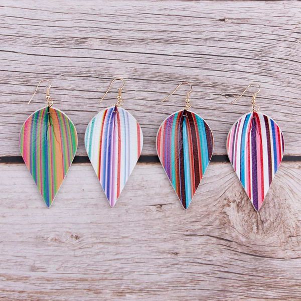 

new fashion rainbow color stripes print leaf shape pu leather earrings for women 2020 spring summer jewelry accessories, Silver