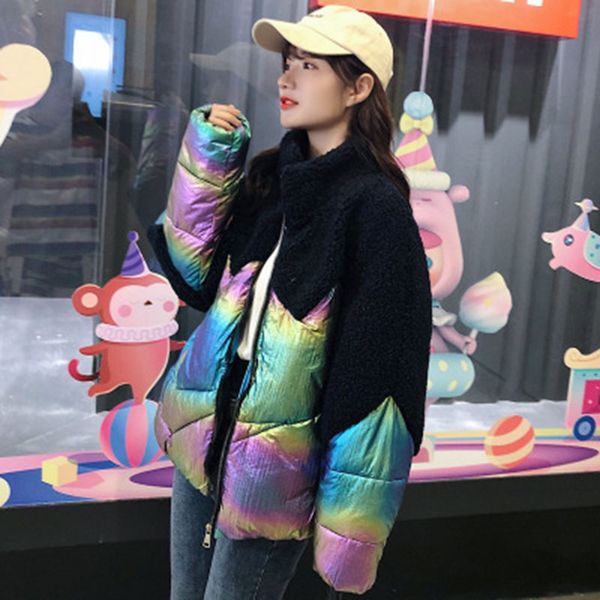 

2019 winter jacket tooling style cotton women new personality color matching lamb hair jacket women clothes fashion cotton coat, Black