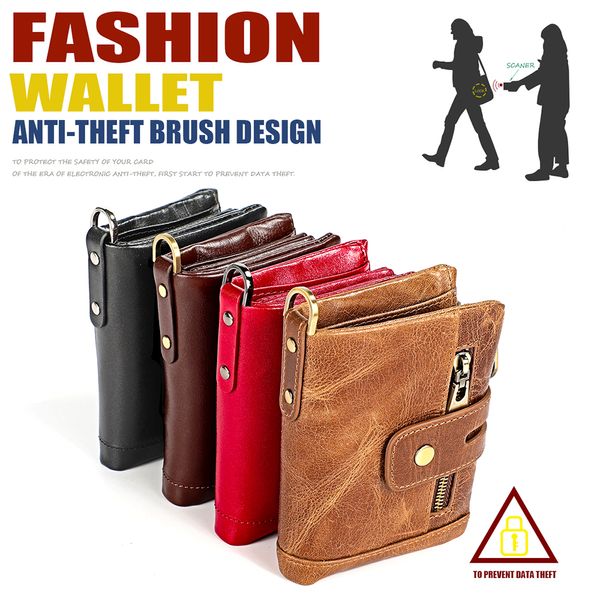 

genuine leather fold over short wallet removable zipper coins purse multi card holders women men cowhide pouches zipper banknote pocket gift, Red;black