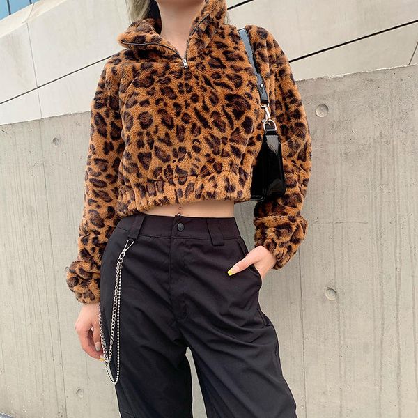 

winter warm fleece women hoodies long sleeved fashion leopard short jumpers lady outfits, Black
