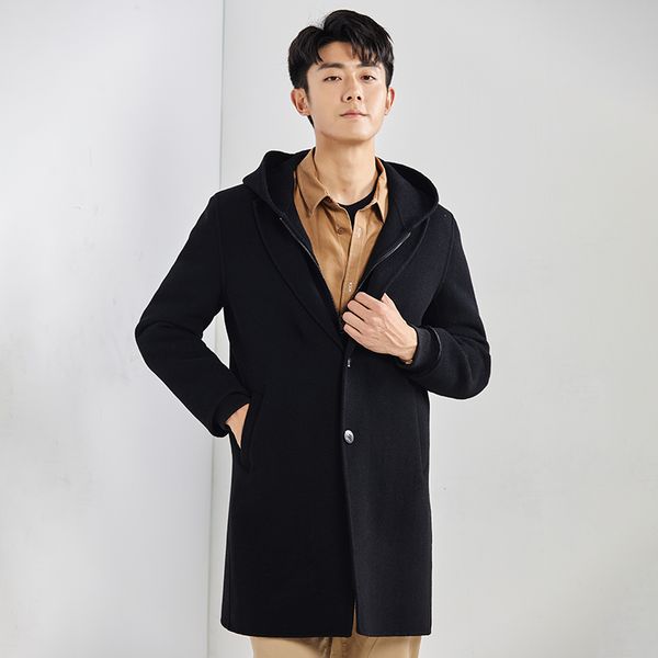 

ptslan men genuine wool jacket woolen overcoat suit, Black