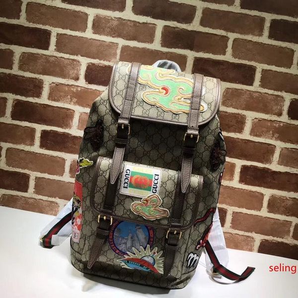 

celebrity design letter embossed embroidered flower badge canvas leather backpack man woman 473869 travel bag