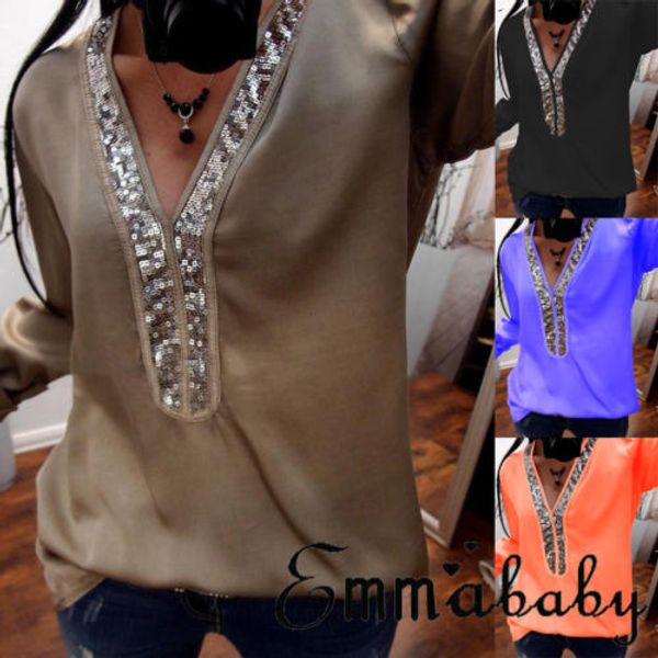 

new fashion oversize blouse shirt women sequin v neck long sleeve spring autumn lady casual shirt blouse plus size s-5xl, White