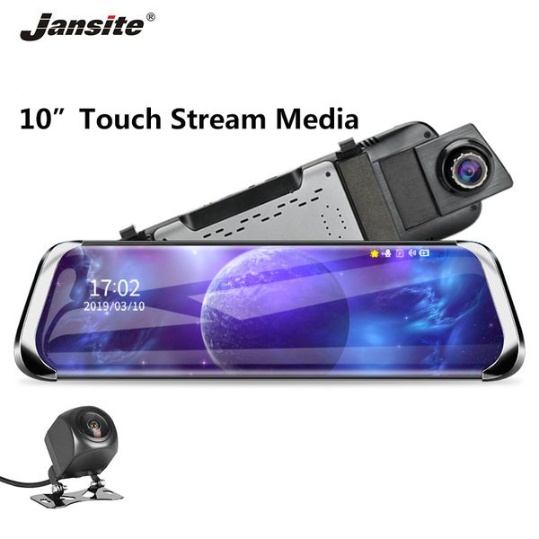 

jansite 10" car dvr touch screen stream media rearview mirror dual lens video recorder dash cam with 1080p rear camera antishack