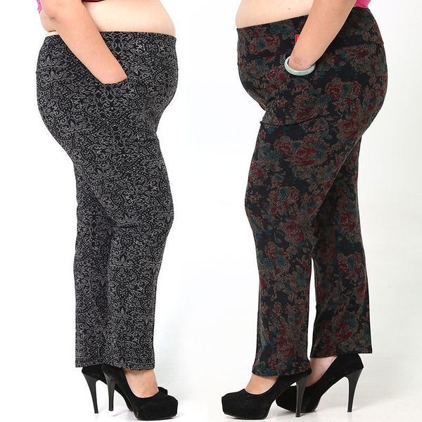 

women designer pants women winter vintage elastic waist printed slim trousers high elastic waist plus size 3xl 6xl age trousers j265, Black;white