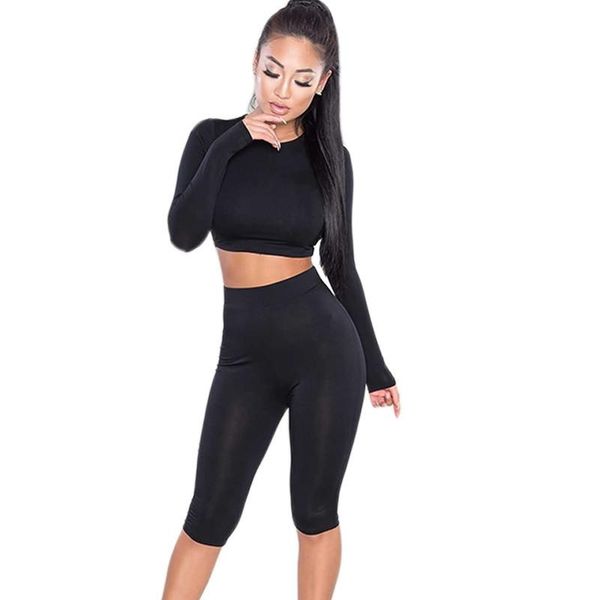 

fashion womens tracksuits 2 pieces sets slim fitness long sleeve o -neck crop and elastic pants workout suits kawaii, Gray