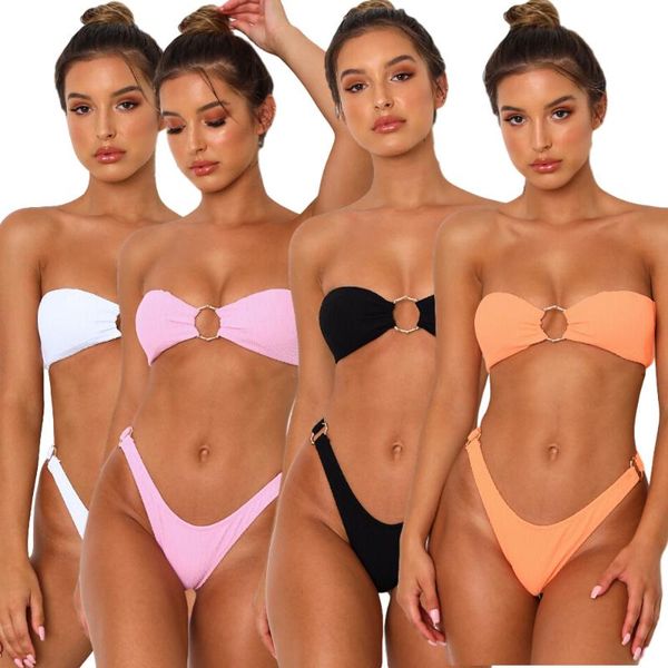 

bikinis set hirigin thong bikini women swimwear 2021 strapless solid push up padded biquini low wasit brazilian bathing suit