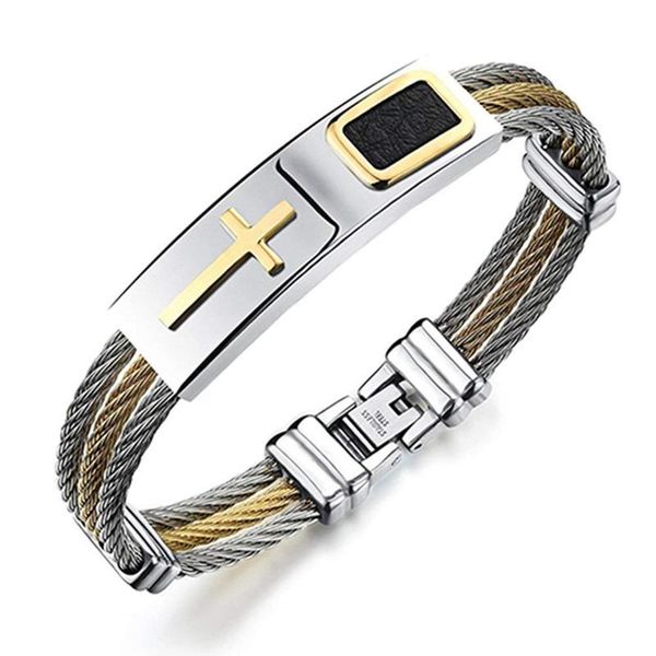 

men fashion cool titanium stainless steel cross faux leather bracelet bangle cuff, Black