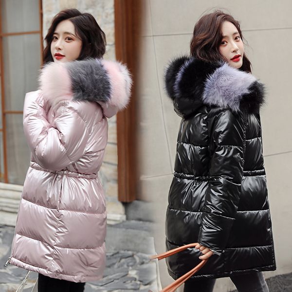 

2019winter женщины носят теплой длинного яркого капюшон лица ветровка женщины карман синтепона снег пальто, Black