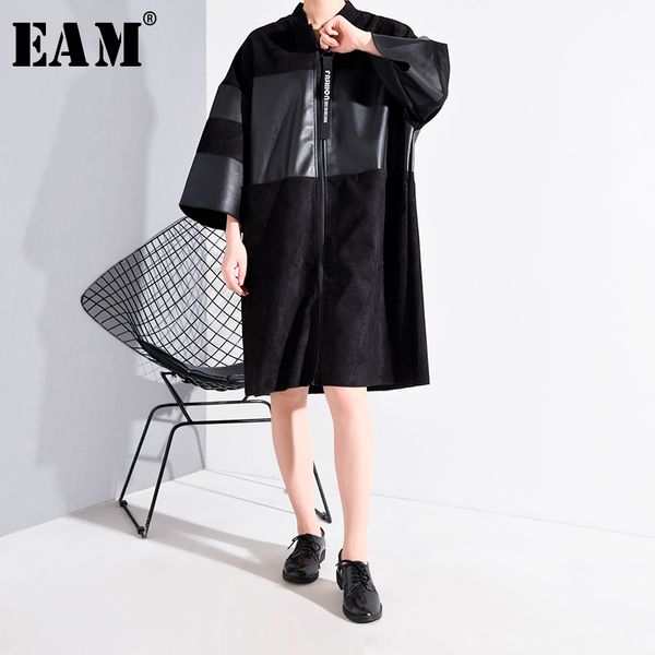 

eam] loose fit pu leather stitch big size jacket new stand collar three-quarter sleeve women coat fashion spring 2020 jc25301, Black;brown
