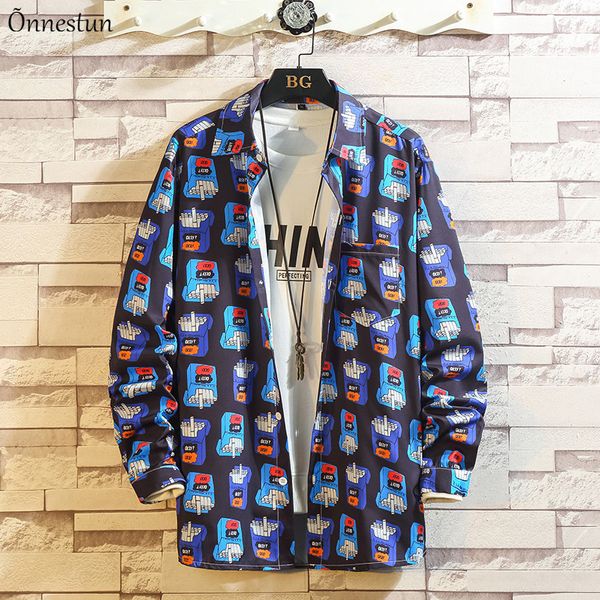 

onnestun -5xl мужская рубашка новая весна с длинным рукавом печати рубашки для мужчин плюс размер мужская одежда streetwear однобортный руб, White;black