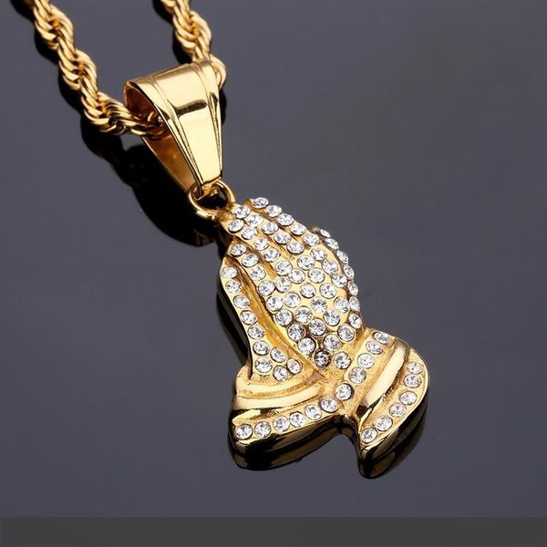 

золотые молящиеся руки bling ювелирные изделия подарки полный кристалл рука маленькие подвески ожерелья мужчины женщины хип хоп молитва иису, Silver