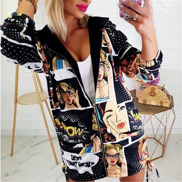 

women's autumn vintage printes zipper jacket loose vintage long coat jacket female long sleeve outwear overcoat, Black;brown