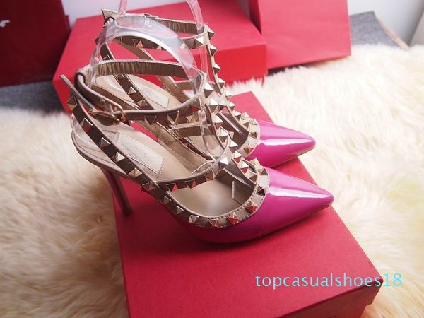 

2017 designer women high heels party fashion rivets girls pointed shoes dance shoes wedding shoes double straps sandals t18, Black