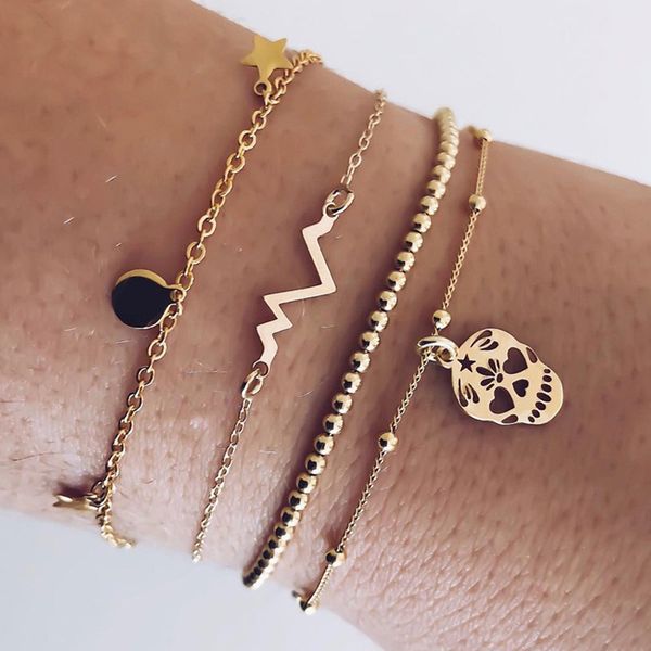

bohemian women bracelets taro bead heartbeat figure star disc pendant gold bracelet set simple bangles banquet jewelry wear, Black