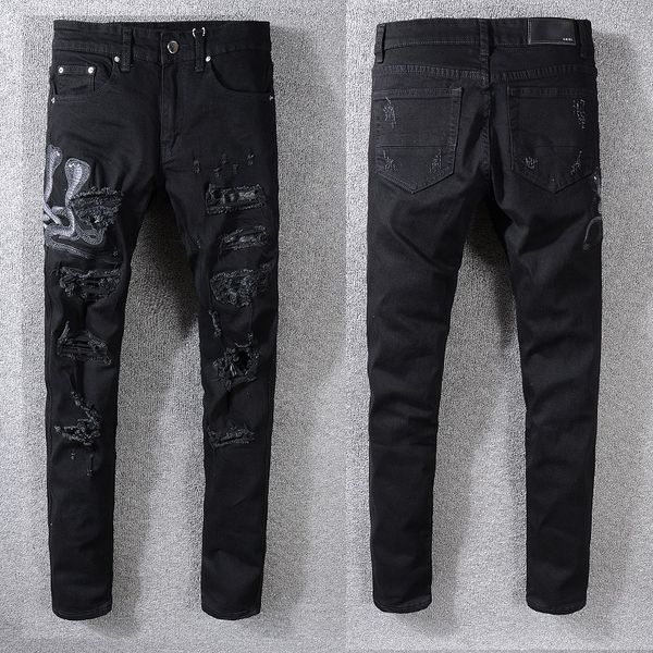 

mens jeans designer jeans motorcycle moto biker hole sizes slim men's fashion brand distressed ture pants hip hop men biker jeans, Blue