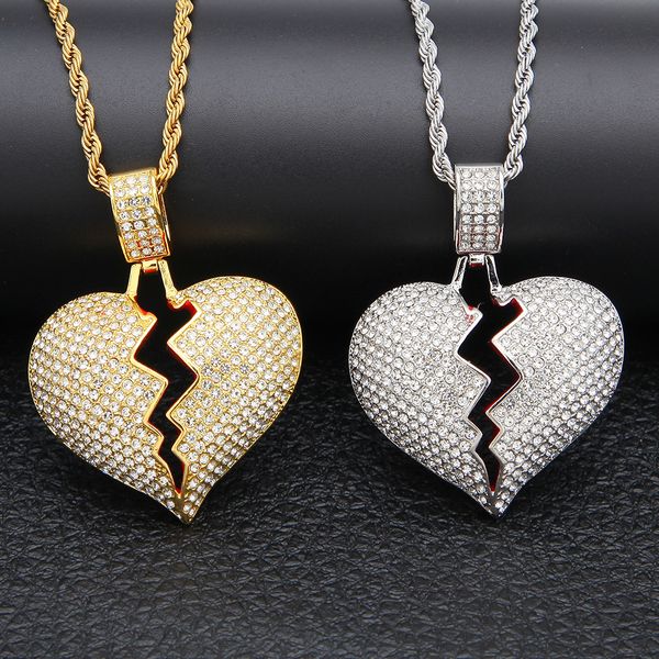 

iced out pendant broken heart designer necklaces bling crystal rhinestone charm gold silver chain hip hop necklace