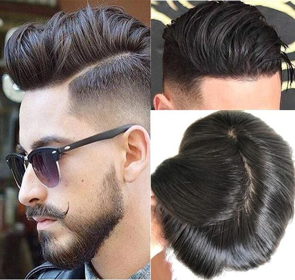 Erkekler Saç Peruk Erkek Hairpieces Düz Tam İpek Taban Peruk Tam Ipek Üst Toupee Çin Bakire Remy İnsan Saç Değiştirme Peruk Erkekler için