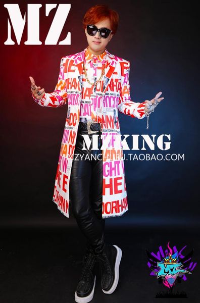 

long windbreaker costume suit male singer dj performance clothing letter graffiti hip hop coat bar rapper stage dress fashion, Tan;black
