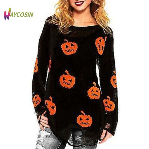 

jaycosin halloween sweater pullovers fashion women irregular hem long sleeve hole pullover loose print sweater woman pullover, White;black