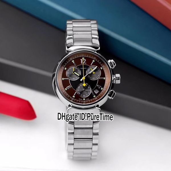 

new q11215 steel case 34mm brown dial black subdial japan quartz chronograph womens watch stainless steel bracelet watches puretime f06b2, Slivery;brown