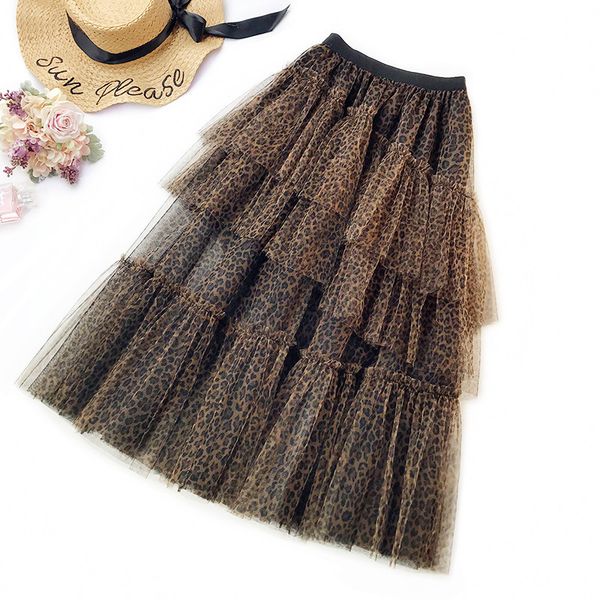 

2019 spring and summer new fashion ladies wind mesh layer leopard skirt tide mid-calf natural a-line, Black