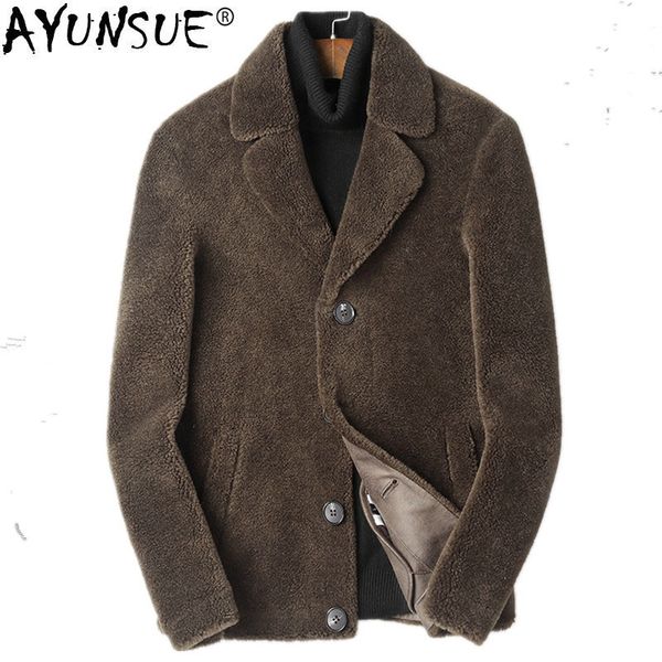 

ayunsue real fur coat real sheep shearling fur coat winter jacket men suede lining short coats streetwear l18-5850 my019, Black