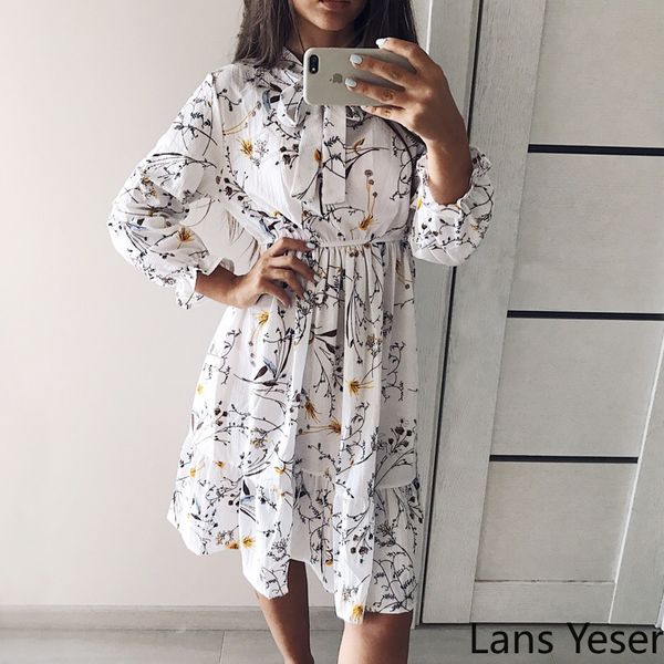 

2020 women dress female long sleeve chiffon shirt dress a-line midi winter white bow floral vestidos vintage maxi, Black;gray