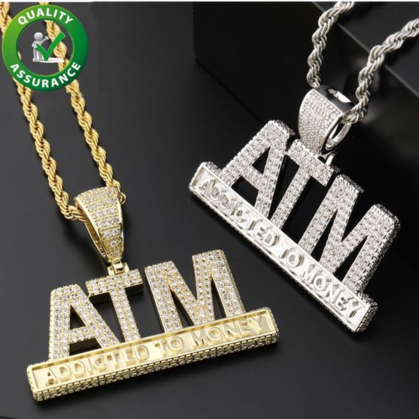 

mens iced out hip hop chain pendants luxury designer necklace hiphop jewelry mens gold chain pendants diamond atm addicted to money letter, Silver