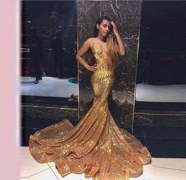 South African Black Girls Gold Sequins Prom Dresses 2019 Mermaid