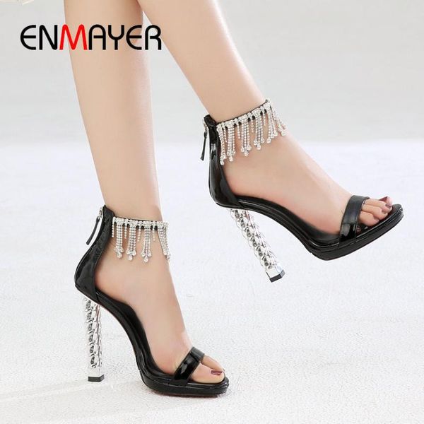 

enmayer women sandals patent leather zip high heel sandals women fashion crystal wedding cover heel round toe shoes 34-40, Black