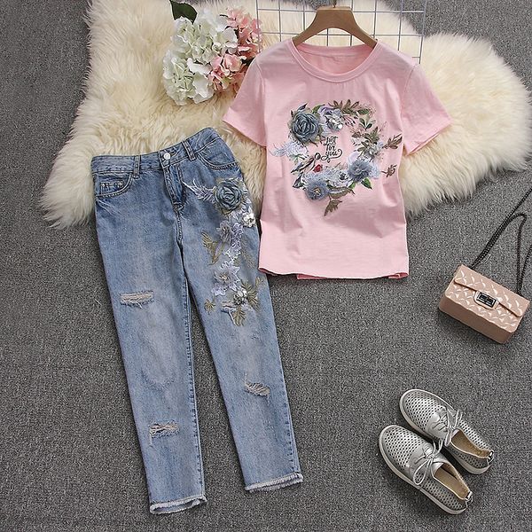

summer 2019 women cotton full length short sleeved tshirts broken jeans heavy work 3d floral cotton tshirts denim pants drop shipping, White