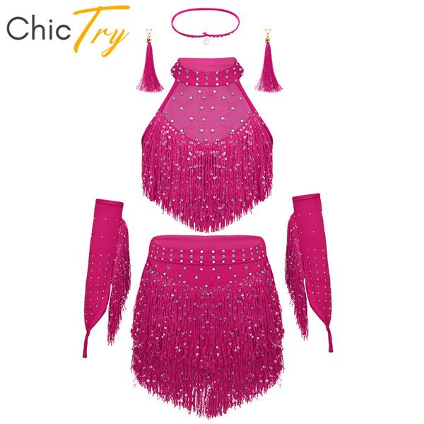

chictry kids teens shiny sequins tassel latin dance dress set girls rumba samba salsa ballroom stage performance dance costumes, Black;red