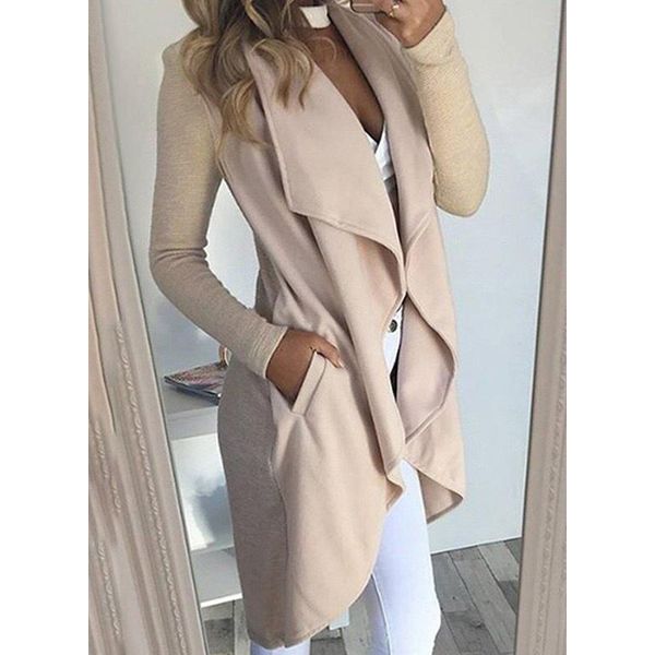 

autumn women trench open stitch solid color long sleeve v neck casual big lapel solid slim trenchcoat cardigan outerwear, Tan;black