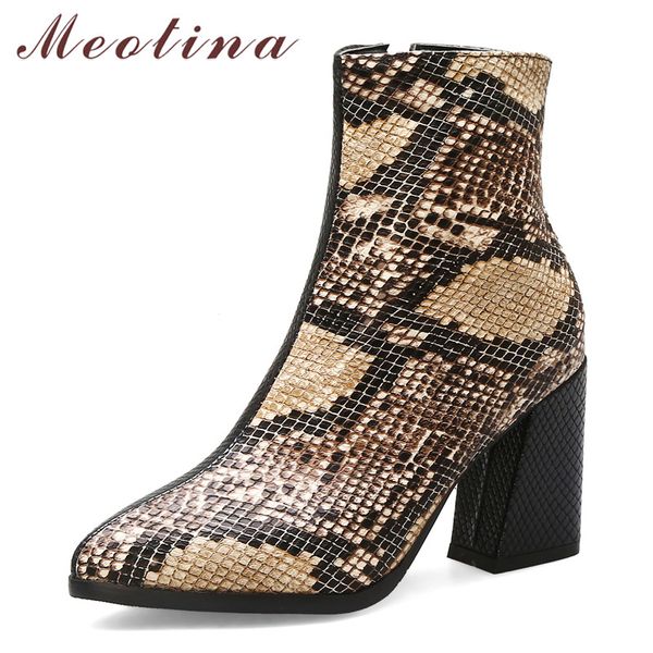 

meotina autumn ankle boots women snake print chunky heels short boots zipper super high heel shoes female winter plus size 33-43, Black