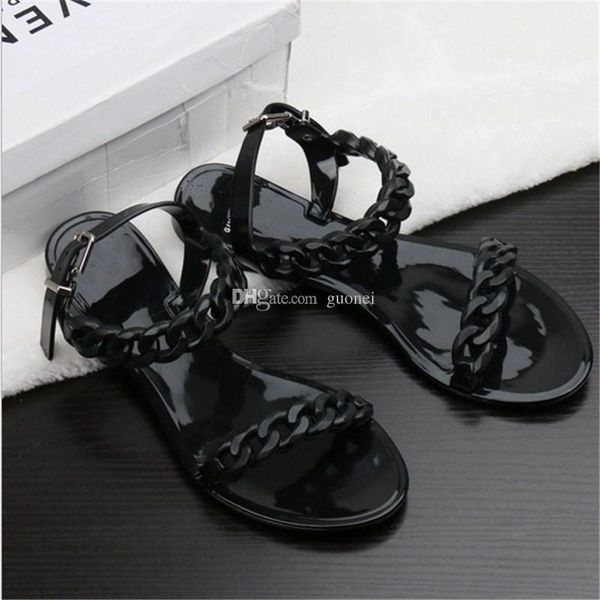 

2018 new summer plastic chain beach shoes candy color jelly sandals chain flat bottomed out sandals, Black