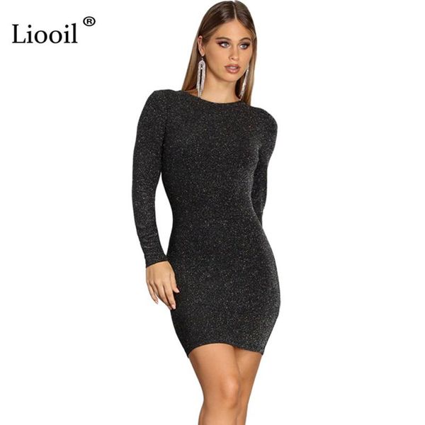 

liooil black linen hollow out bodycon mini dress women 2020 long sleeve o neck solid tight dresses woman party night club, Black;gray
