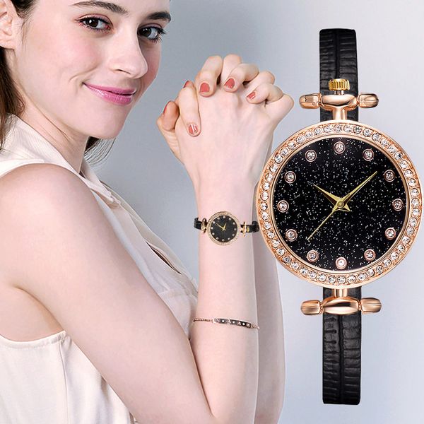 

ladies designer watches luxury watch women 2019 fashion lady starry dial rhinestone leather belt watch analog quartz clock, Slivery;brown