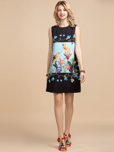 

женская одежда модный дизайнер a line летнее платье женская без рукавов маленькая птичка цветочный принт бисероплетение мини черное винтажно, Black